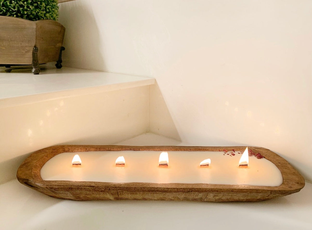 10 inches Wooden Dough Bowl Heart Waxed Candle